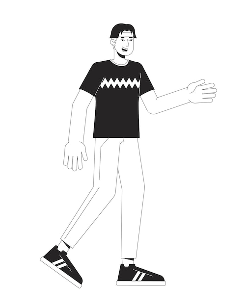 Korean handsome male student walking flat line black white vector character Editable outline full body person Asian young man strolling simple cartoon isolated spot illustration for web design