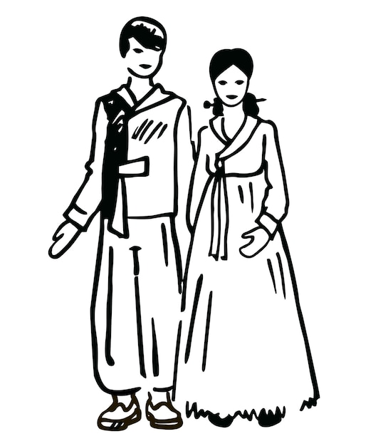 Korean man and woman in traditional clothes National costume of South Korea Ink Sketch