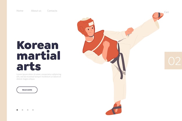 Концепция корейских боевых искусств для шаблона дизайна целевой страницы, онлайн-сервис, обеспечивающий тренировочную деятельность. Веб-сайт векторной иллюстрации, реклама азиатских традиционных единоборств для детей