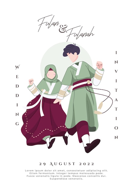 Korean Muslim couple illustration wearing traditional green dress