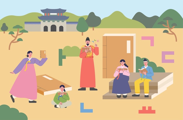 Vector korean old city background. king sejong is holding a book by making hangeul.