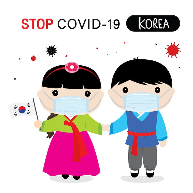 韓国人は、Covid-19を保護および停止するために民族衣装とマスクを着用します。インフォグラフィックのコロナウイルス漫画。