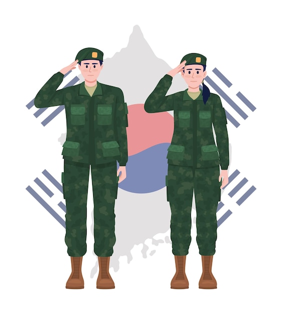 Korean soldiers and map 2D vector isolated illustration