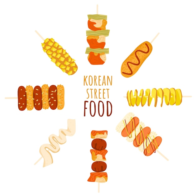 Vector korean street fast food creative banner. corndog hotdog, fish cake, tornado potato, rice and chicken