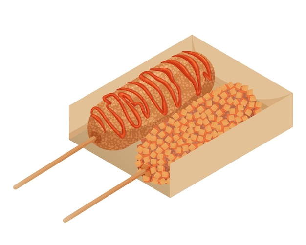 Korean street food fried corndog with ketchup Cartoon style hot dogs with sausage in breadcrumbs