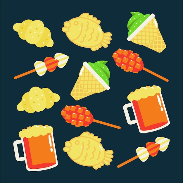 Korean street food Pattern of corn hot dogs buns ice cream and beer