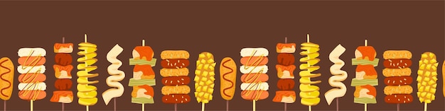 Korean street food seamless pattern from corndog rice and chicken skewers tornado potato fish cake