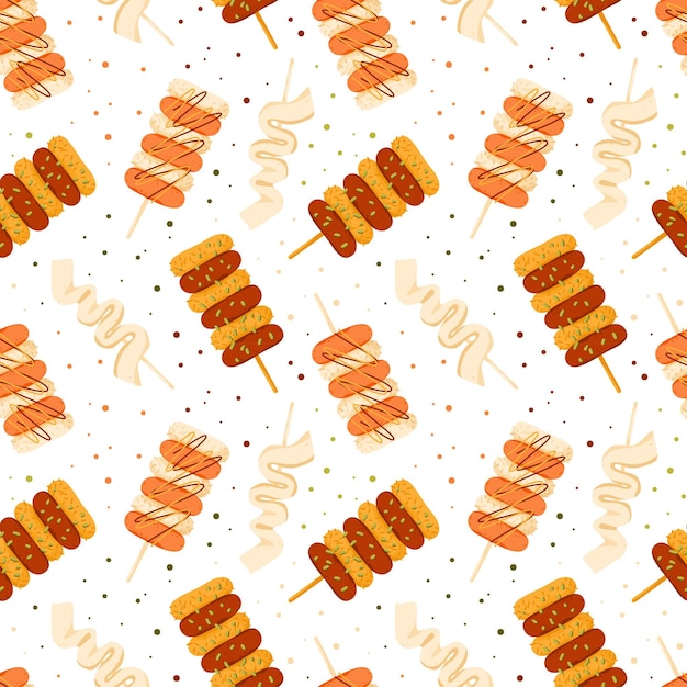 Korean street food seamless pattern Rice cake skewers sotteok sotteok with sausages and rice