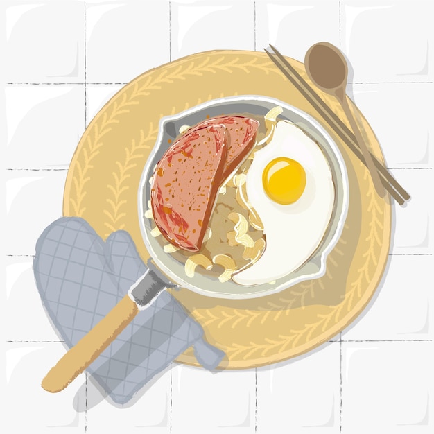 korean style macaroni pattern background boil spoon eat egg spam ham meat Food top view illustration