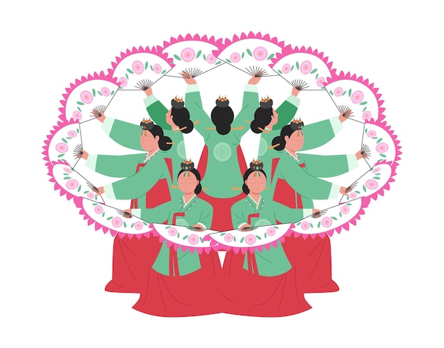 Korean traditional dance women wearing hanbok are dancing while making circles with fans