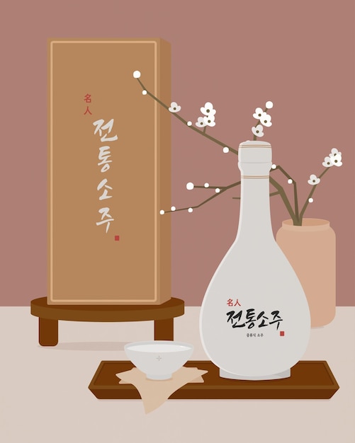 ベクトル 韓国の伝統的な酒焼酎のフラットイラスト