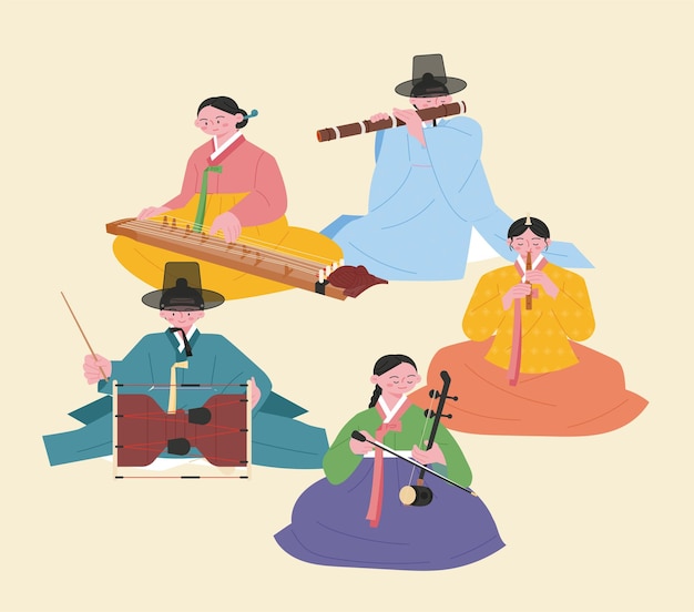 Korean traditional music quartet People wearing hanbok are playing gayageum daegeum janggu haegeum and piri