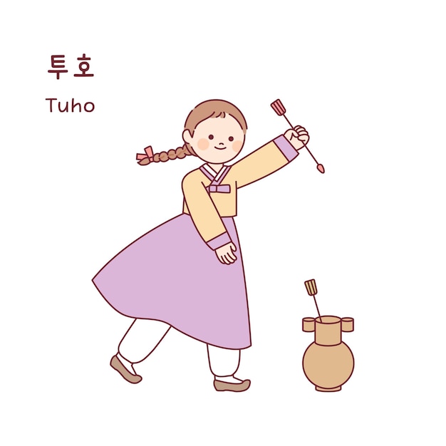 Korean traditional play A girl wearing a hanbok is playing a game of throwing an arrow into a jar