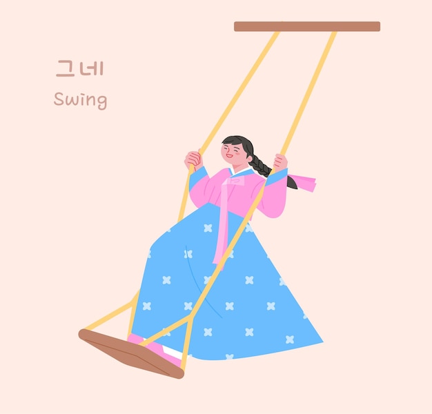 Korean traditional play A girl wearing a hanbok is riding on a swing