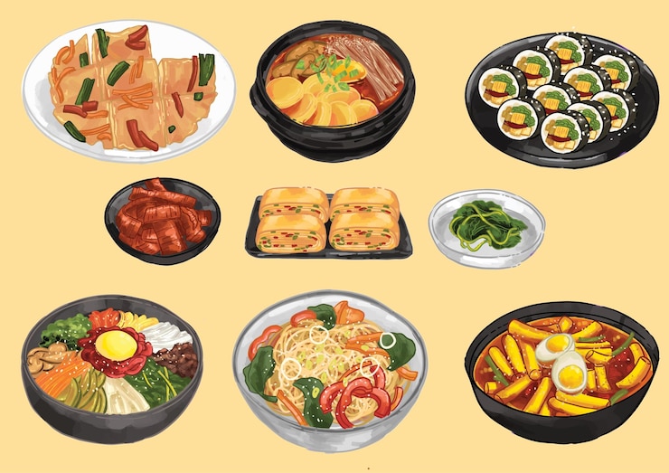 Vector 한국 전통 거리 음식 대중적인 한국 음식 매운  케이크 누들 라멘
