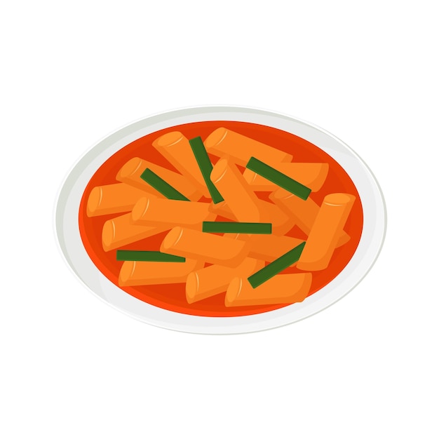 Korean tteokbokki spicy rice cakes with green onion in flat detailed style Isolated vector asian food illustration