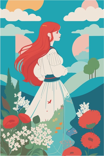 Korean woman in between of floral garden with landscape background flat illustration