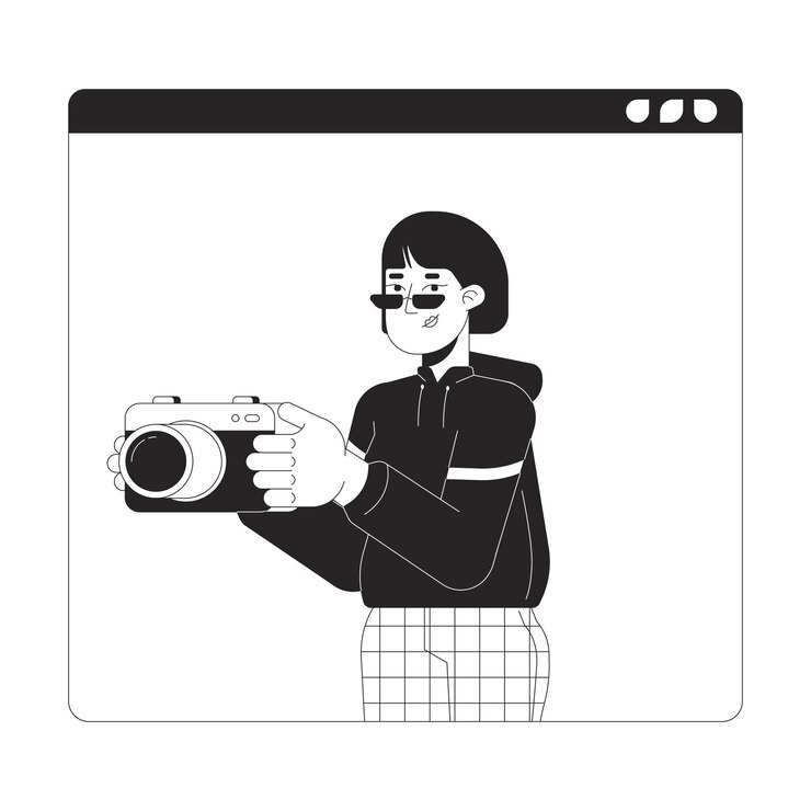 Vector korean woman photographer on web site black and white 2d line cartoon character
