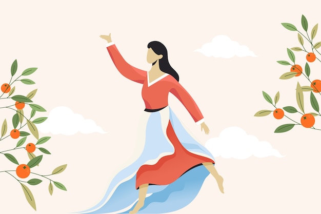 Korean women dancing in the garden for celebrating Chuseok day. Flat illustration.