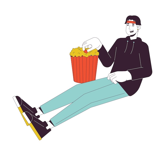 Giovane adulto coreano che prende popcorn dal secchio personaggio di cartone animato lineare 2d ragazzo asiatico che afferra popcorn linea isolata vettore persona sfondo bianco film notte casa colore punto piatto illustrazione