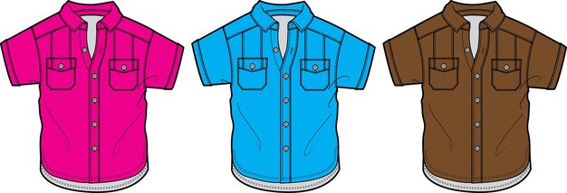 Korte mouw duel pocket shirt platte schets technische tekening vector illustratie sjabloon