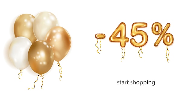 Korting creatieve illustratie met witte en gouden helium vliegende ballonnen en gouden folienummers 45 procent korting Verkoopposter met speciale aanbieding op witte achtergrond