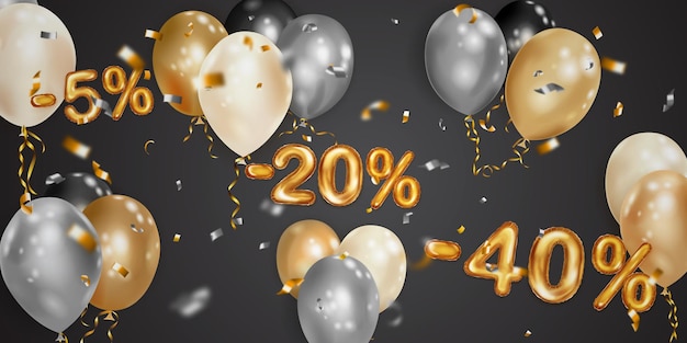 Korting creatieve illustratie met witte zwarte en gouden helium vliegende ballonnen en gouden folie nummers 5 20 40 procent korting verkoop poster met speciale aanbieding op zwarte achtergrond