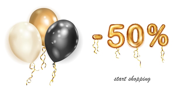 Korting creatieve illustratie met witte zwarte en gouden helium vliegende ballonnen en gouden folie nummers 50 procent korting verkoop poster met speciale aanbieding op witte achtergrond