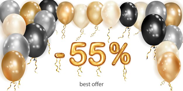 Korting creatieve illustratie met witte zwarte en gouden helium vliegende ballonnen en gouden folie nummers 55 procent korting verkoop poster met speciale aanbieding op witte achtergrond
