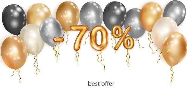 Korting creatieve illustratie met witte zwarte en gouden helium vliegende ballonnen en gouden folie nummers 70 procent korting verkoop poster met speciale aanbieding op witte achtergrond