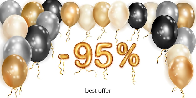 Korting creatieve illustratie met witte zwarte en gouden helium vliegende ballonnen en gouden folie nummers 95 procent korting verkoop poster met speciale aanbieding op witte achtergrond