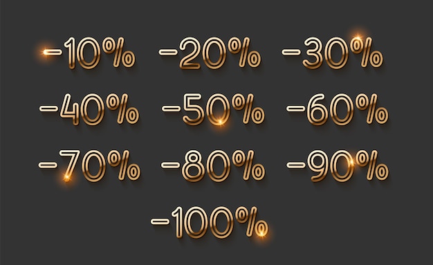 Kortingen gouden nummers. Elementen ontwerpen verkoop gouden teken. Percentage 10, 20, 30, 40, 50, 60, 70, 80, 90, 100. Van tien tot honderd