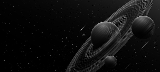 Kosmische wetenschap achtergrond Abstract planeet Saturnus met ring rond en draaiende andere planeten Nacht sterrenhemel Zonnestelsel concept Wetenschappelijke presentatie achtergrond Vector