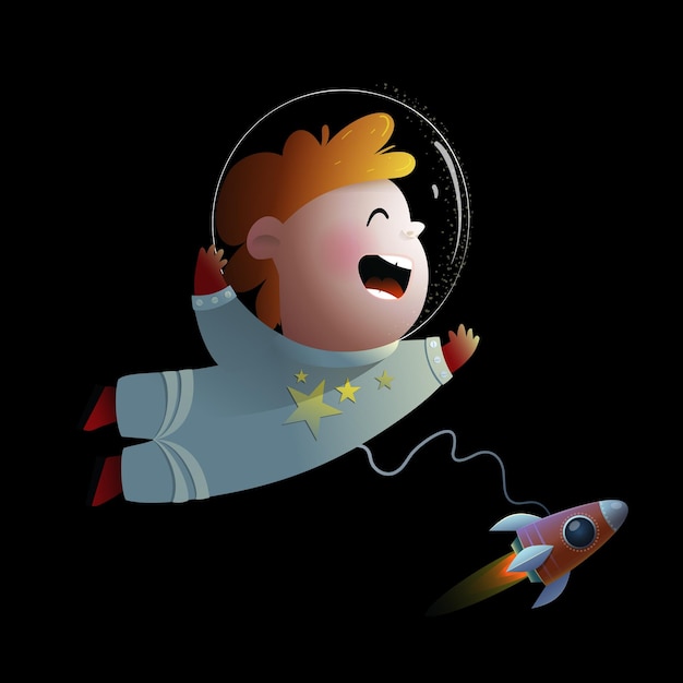 Kosmonaut Boy Funny Happy Kids Character Little dromer kids karakter geïsoleerd op zwart