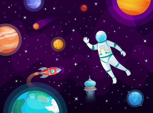 Vector kosmonaut in de ruimte. astronaut ruimtevaartuig raket in open ruimte, universumplaneten en planetaire cartoonillustratie