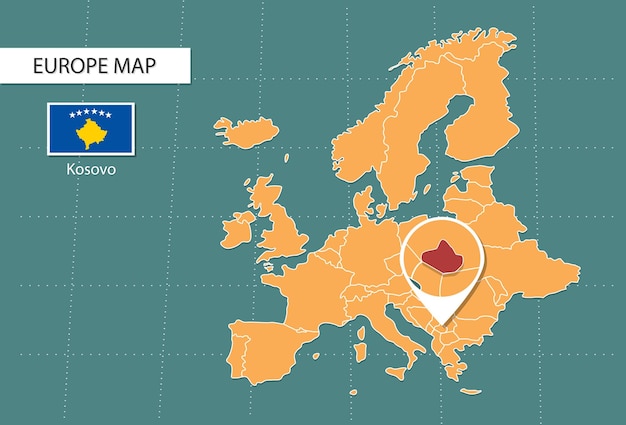 Kosovo map in europe zoom version icons showing kosovo location and flags