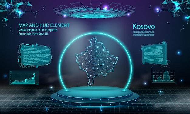 Kosovo mappa luce collegamento effetto sfondo astratto tecnologia digitale ui gui futuristico hud interfaccia virtuale con mappa kosovo palco podio futuristico nella nebbia