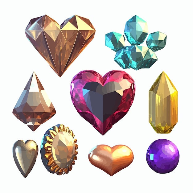 Kostbare edelstenen kristallen stenen in de vorm van een hart ster driehoek en kroon geïsoleerd op achtergrond Cartoon vector illustratie