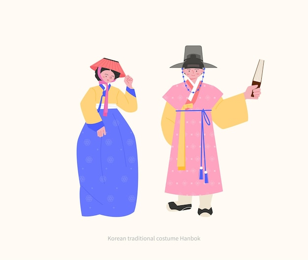 Kostuums van de Joseon-dynastie Een vrouw in een hoed van lage klasse en een nobele man met de hand getekende vectorillustratie