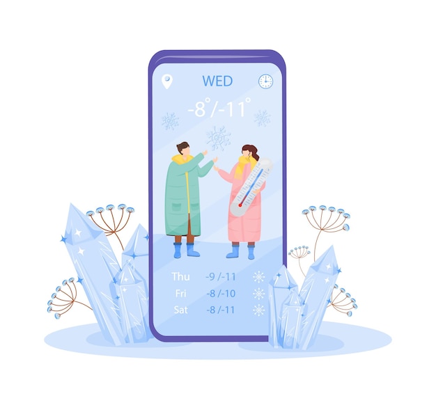 Koud weer cartoon smartphone app-scherm. man en vrouw in jas onder sneeuwval. display voor mobiele telefoon met plat karakterontwerp. telefooninterface voor wintervoorspelling