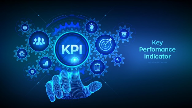 KPI Key performance indicator business en industrial analysis technology concept op virtueel scherm Wireframe hand aanraken van digitale interface met aangesloten versnellingen tandwielen en pictogrammen Vector illustratie