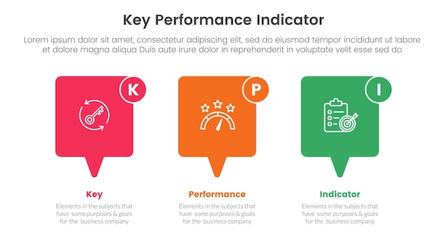 kpi key performance indicator infographic 3 point stage template with horizontal callout box for slide presentation vector