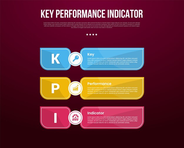 KPI или ключевой показатель эффективности инфографический шаблон с большим острым прямоугольным контейнером вертикальный стек с темным фоном стиля с 3 точками для презентации слайдов