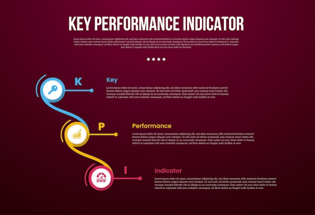 크리에이티브 서클 연결 및 링크 된 수직 스택과 어두운 배경 스타일과 슬라이드 프레젠테이션을위한 3 포인트를 가진 KPI 또는 주요 성과 지표 인포그래픽 템플릿