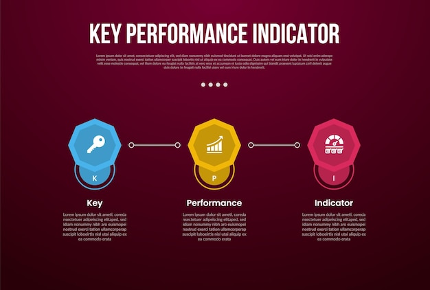 kpi or key performance indicator infographic template with octagon shape with line connection with dark background style with 3 point for slide presentation