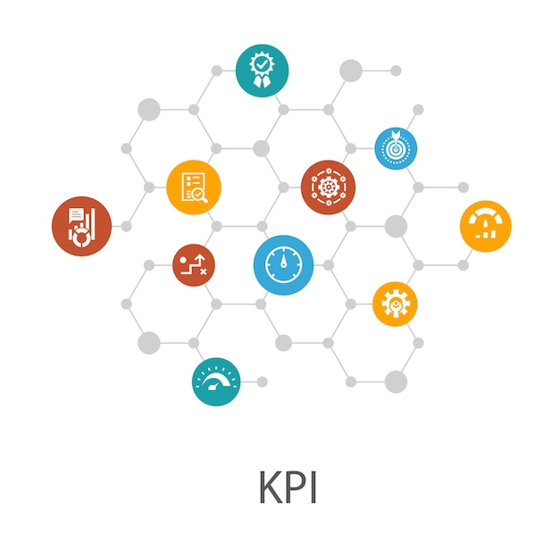 Kpi 프레젠테이션 템플릿, 표지 레이아웃 및 인포그래픽. 최적화, 목표, 측정, 지표 아이콘