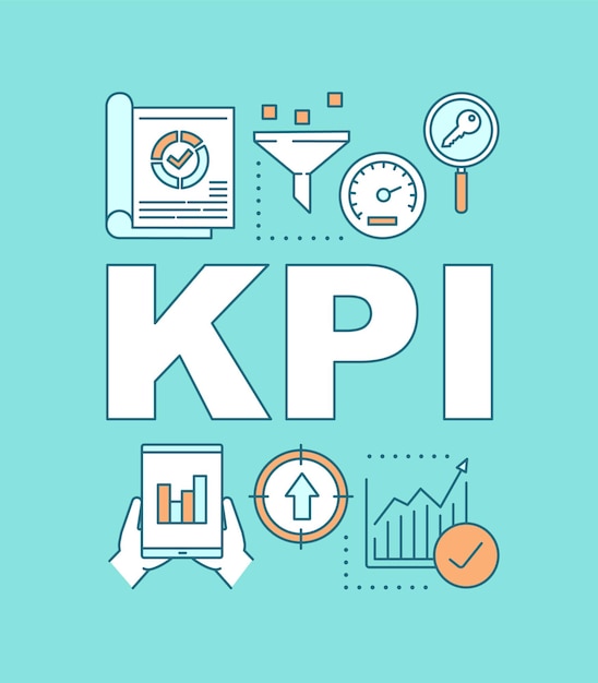 Kpi слово концепции баннер. ключевой показатель. измерение производительности. презентация, сайт. изолированная идея типографии надписи с линейными иконками. векторная иллюстрация наброски