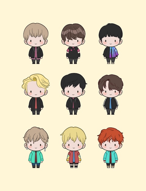 Vector kpop chibi style anime cute character personel team