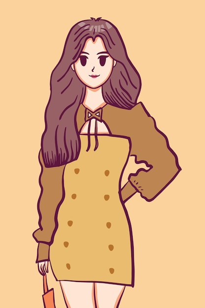 Kpop ragazza carina ben vestito vestito marrone illustrazione disegnata a mano