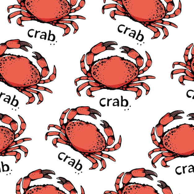 Vector krab vector naadloos patroon, met de hand getekende zeevruchten achtergrond